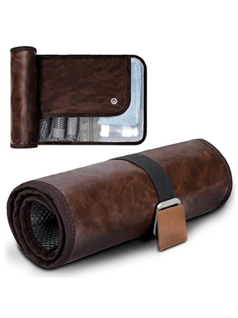 Men Travel Toiletry Bag Roll Up PU Leather Dopp Kit Shaving Bag Organizer Brown